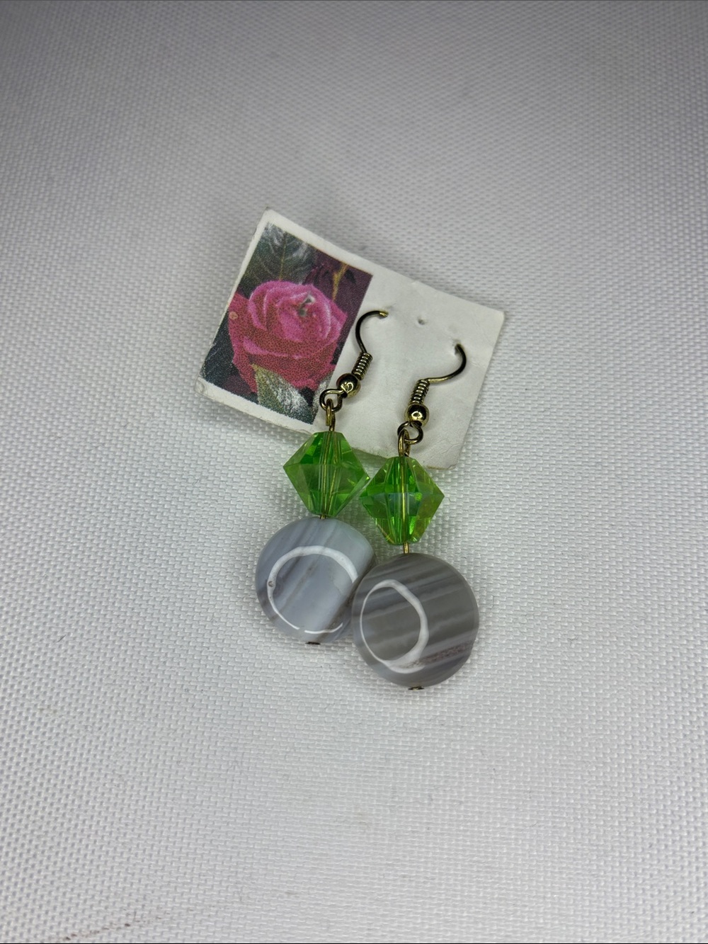 handcrafted banded agate stone, green dangling earrings